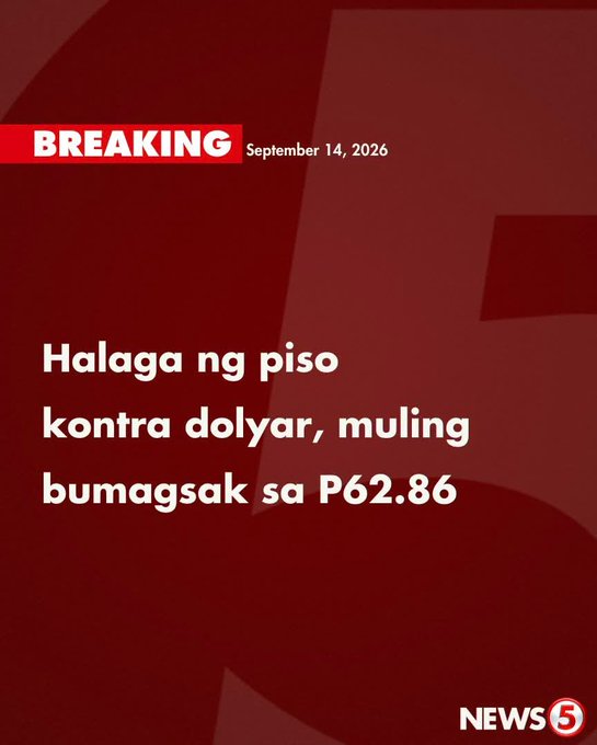 A red 'BREAKING NEWS 5' graphic dated September 14, 2026, with text in Filipino: 'Halaga ng piso kontra dolyar, muling bumagsak sa P62.86' (Value of peso against dollar drops again to P62.86).