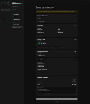 A dark-themed screenshot of a ChatGPT "Review your configuration" page, showing categories like Compute and Models, Code Repos, Billing & Emails, Limits & Responsibilities, and Payment Summary with a Visa payment method.