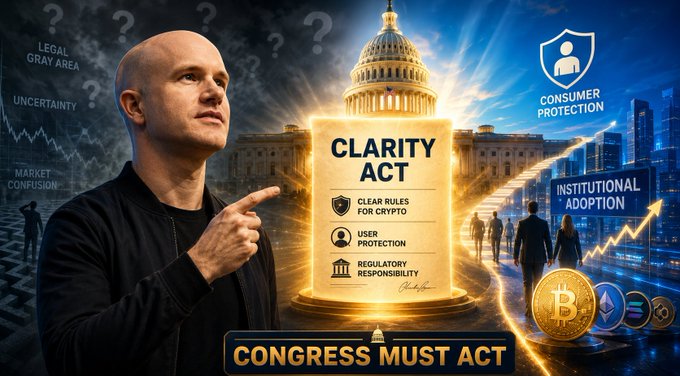 A promotional image featuring a bald man pointing at a glowing 'CLARITY ACT' document with the US Capitol in the background, displaying crypto regulations like consumer protection and a 'CONGRESS MUST ACT' banner.
