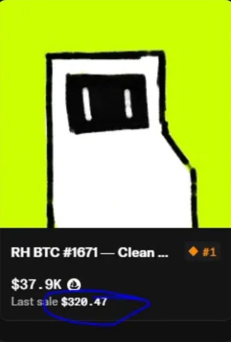 A screenshot of an NFT listing titled 'RH BTC #1671 — Clean...' showing a current price of $37.9K with a last sale of $320.47 circled in blue.