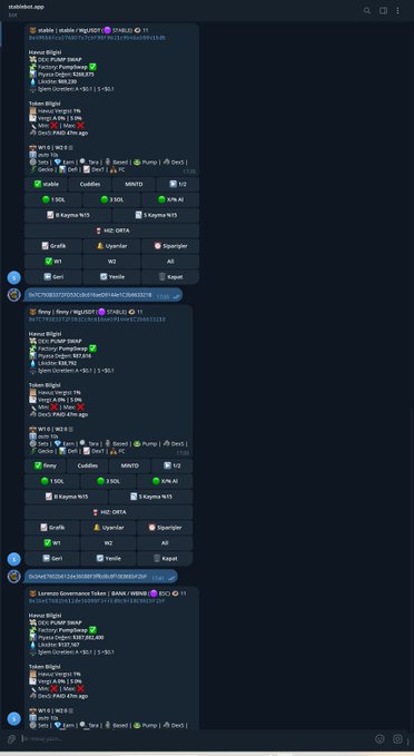 The image shows a Telegram bot interface displaying cryptocurrency trading data for "stable", "finny", and "Lorenzo Governance Token". It includes information on DEX swaps, token values, and trading pairs like SOL/USDT and BANK/Win11.
