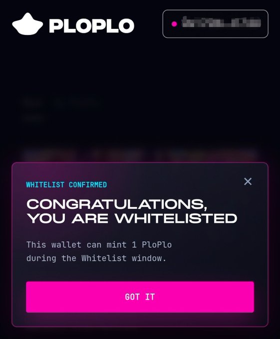 A dark screenshot of a 'PLOPLO' NFT minting page showing a 'WHITELIST CONFIRMED' pop-up that reads 'CONGRATULATIONS, YOU ARE WHITELISTED'.