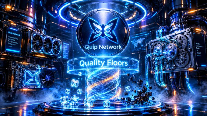 A glowing high-tech server hub displaying "Quip Network" and "Quality Floors" with a butterfly logo, surrounded by mining rigs and crystalline cubes that reflect the user's pride in their hardware upgrades and dedicated node operation within the Quip Network ecosystem.