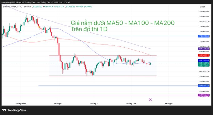 A TradingView candlestick chart for Bitcoin/USDT showing price below MA50, MA100, and MA200 moving averages on a 1D timeframe.