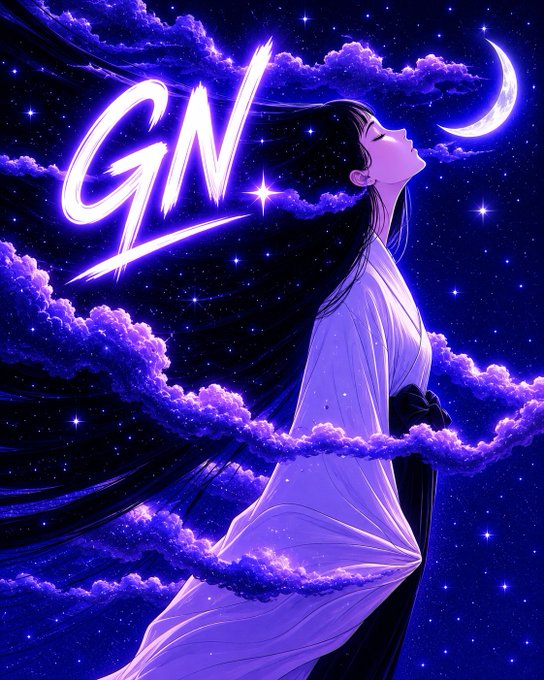 An anime-style woman in a flowing purple gown gazes up at a crescent moon against a starry night sky filled with purple clouds, featuring the stylized text "GN" (Goodnight). The ethereal, dreamy aesthetic complements the post's goodnight message and themes of rest, sleep, and peaceful progress.