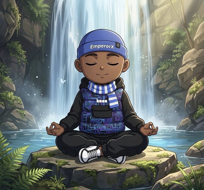 An illustration of a cartoon character wearing a beanie labeled "EmperorX" and a tech-patterned vest, sitting cross-legged in a meditative pose by a waterfall.
