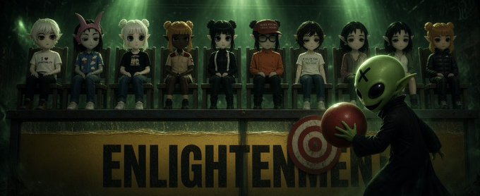 A dark image showing various stylized character dolls seated on a bench above a sign reading "ENLIGHTENMENT," with a green alien-like figure holding a red ball in the foreground.