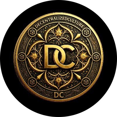 A circular gold emblem on a black background displays 'DECENTRALIZED CULTURE' around the border with a large 'DC' monogram in the center surrounded by intricate geometric patterns.
