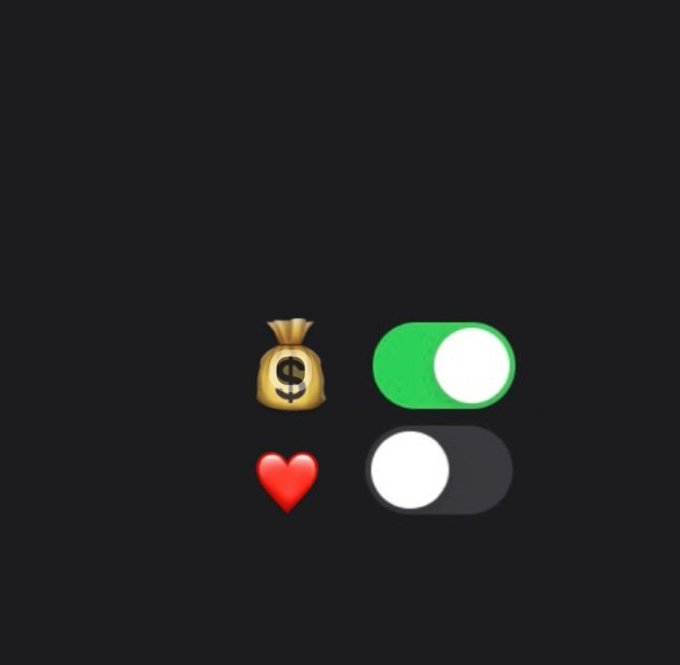The image shows four emojis arranged in a 2x2 grid on a dark background: a money bag with a dollar sign, a green activated toggle switch, a red heart, and a gray deactivated toggle switch. The "Lock in" caption relates to the toggle switches, suggesting commitment to something you value—turning on the green switch for what matters (money and love) and leaving the gray switch off.