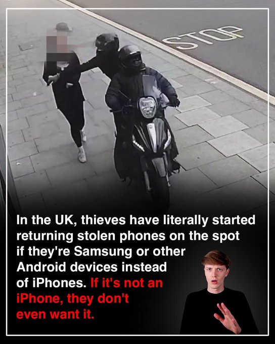 A CCTV-style image showing individuals on a motorcycle confronting someone on a sidewalk, with text claiming that thieves in the UK are returning stolen Android/Samsung phones on the spot, only keeping iPhones.