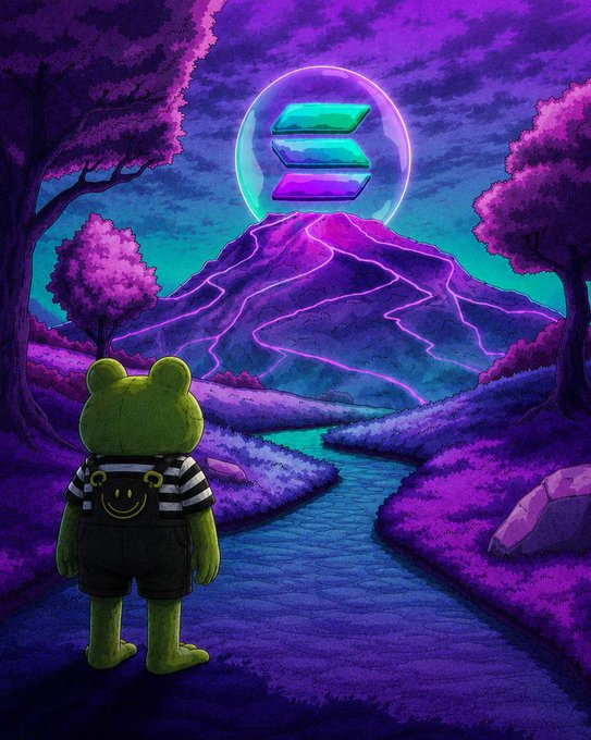 Digital artwork depicts a green bear-like figure in striped overalls looking toward a purple mountain beneath a glowing Solana (SOL) logo.