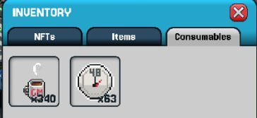 An inventory screen from a video game showing the 'Consumables' tab with two items: a phone with the text 'x340' and a coin showing '48' and 'x63'.