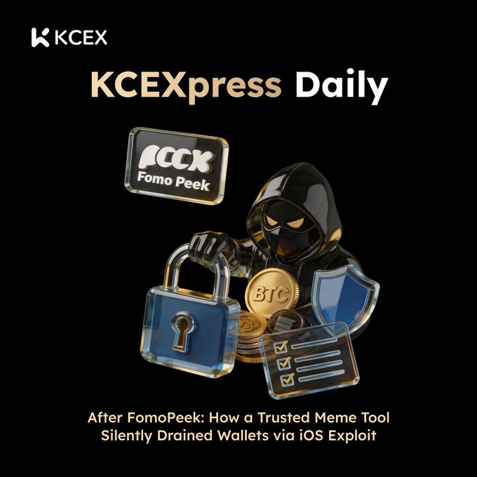 A promotional graphic for KCEXpress Daily titled 'After FomoPeek: How a Trusted Meme Tool Silently Drained Wallets via iOS Exploit', featuring a 3D hooded figure with a padlock, Bitcoin coin, and checklist.