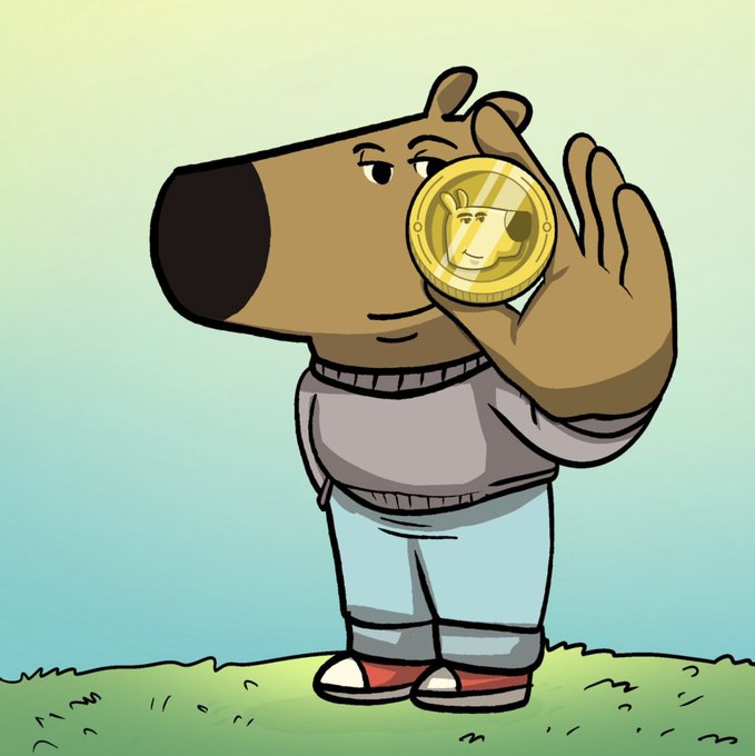 The image shows an anthropomorphic dog character holding up a Dogecoin token to its eye like a monocle. This relates to the playful "Look at this" post by humorously emphasizing a close examination or admiring gaze at the Dogecoin cryptocurrency, with the coin's iconic Shiba Inu logo visible.