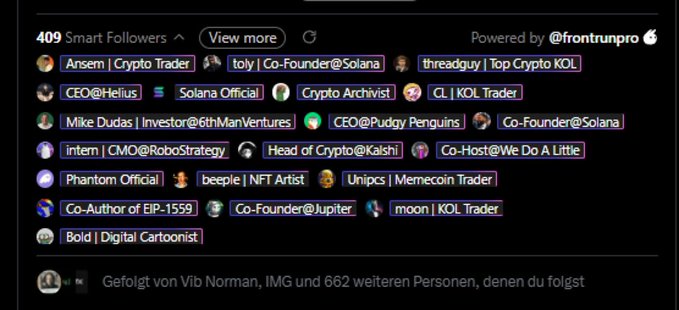 The image displays a profile's "Smart Followers" list showing 409 notable accounts, including crypto figures like Ansem, toly (Co-Founder@Solana), threadguy, CEO@Helius, and Crypto Archivist, highlighting the profile's strong connections within the Solana and meme coin communities—directly reinforcing the post's claim that "solana AND Toly" follow the account behind the Poet Toads project.