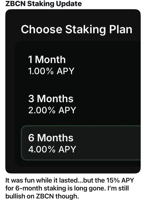A "ZBCN Staking Update" screenshot showing revised staking plan APYs of 1.00% (1 Month), 2.00% (3 Months), and 4.00% (6 Months), with the post lamenting that the previous 15% APY for 6-month staking is "long gone" while still expressing bullishness on ZBCN. The image visually reinforces the post's critique by showing the drastically reduced yield, underscoring the poster's point that current rates amount to little more than a symbolic "tip" rather than meaningful staking rewards for $ZBCN.