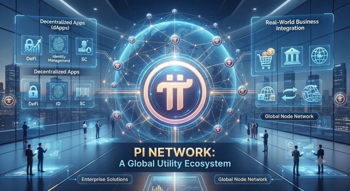 A futuristic digital interface showcases the Pi Network ecosystem with a central Pi logo surrounded by interconnected nodes, featuring categories like Decentralized Apps (DeFi, Identity Management, SC), Real-World Business Integration, and Global Node Network, captioned "PI NETWORK: A Global Utility Ecosystem." The image visually reinforces the post's message by illustrating the transition from theoretical concept to tangible reality through its depiction of decentralized applications and real-world business integration.
