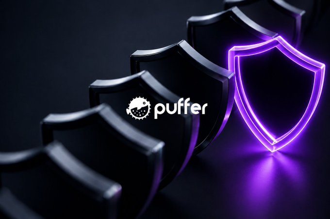 A row of black shields with a glowing purple shield standing out, featuring the "puffer" logo with a pufferfish icon. The image visually represents Puffer's security stack, illustrating how their defense model is built to remain resilient even when individual keys are compromised.