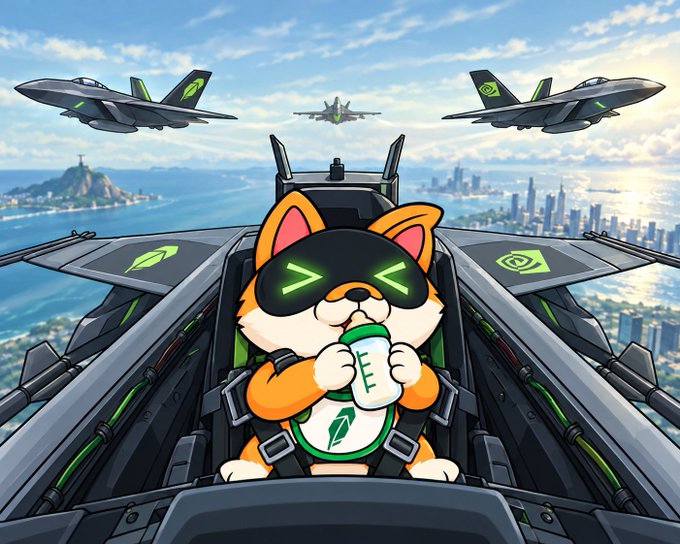 An illustrated cartoon scene showing a Shiba Inu dog wearing VR-style goggles, holding a baby bottle, and sitting in the cockpit of a fighter jet with two other fighter jets flying behind over a coastal city and Rio de Janeiro-style landscape.