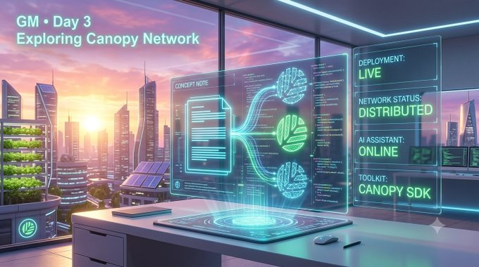 A futuristic workspace with glowing holographic displays showing 'GM • Day 3 Exploring Canopy Network' alongside details like 'CONCEPT NOTE', 'DEPLOYMENT: LIVE', and 'NETWORK STATUS: DISTRIBUTED' with 'TOOLKIT: CANOPY SDK', set against a sunset cityscape.