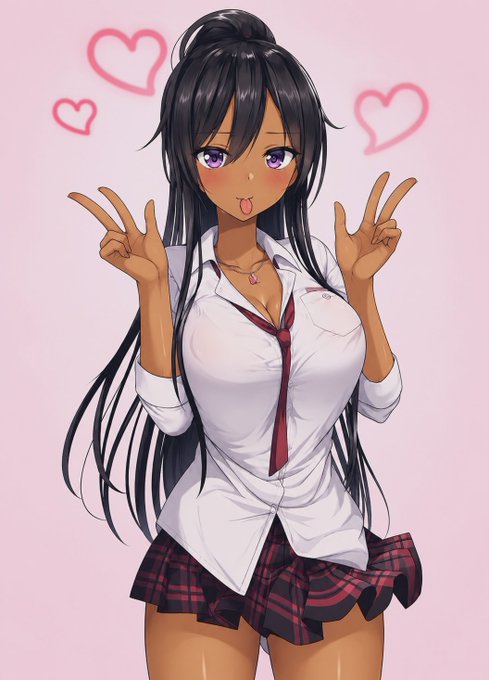The image features an anime-style illustration of a cheerful girl with long black hair, purple eyes, and a playful expression, flashing peace signs with both hands while wearing a white shirt, red tie, and plaid skirt, with pink hearts floating around her. The cheerful, cute aesthetic of the artwork complements the post's lighthearted tone about showcasing NFT collections and artists as potential "cooks of the day."
