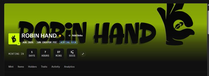 A green-themed website header for 'ROBIN HAND' NFT collection, showing a countdown timer with 1 day, 7 hours, 27 minutes, and 54 seconds remaining.