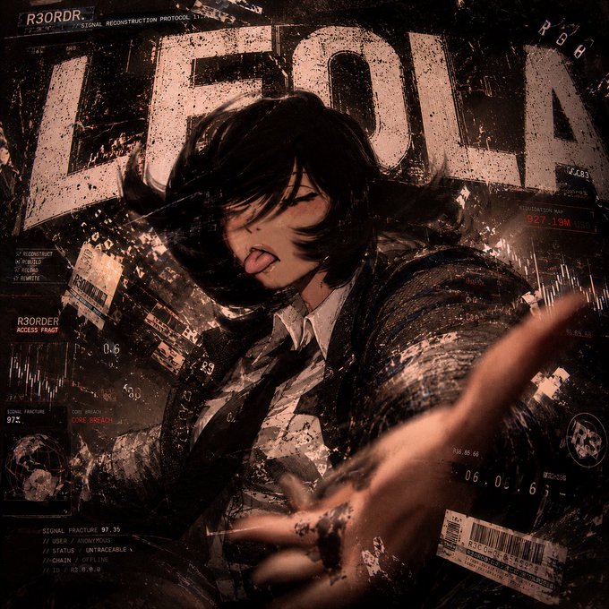 A dark stylized anime poster featuring a black-haired character with 'R3ORDER' and 'REC:04' text, with glitch effects and technical overlays like 'SIGNAL FRACTURE 97.35'.