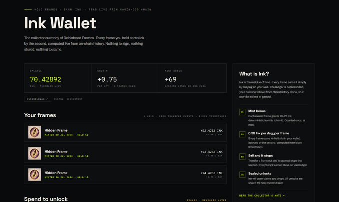 An 'Ink Wallet' dashboard interface for Robinhood Chains showing a balance of 70.42892 INK, with several 'Hidden Frame' items listed below.