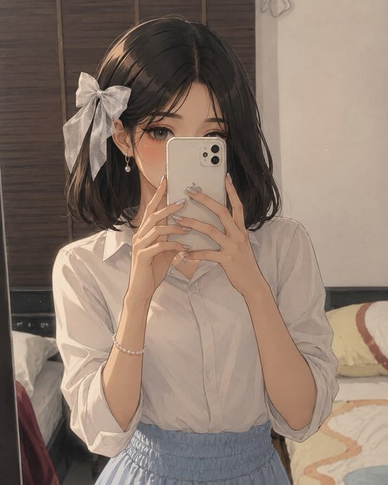 An anime-style illustration of a girl with short dark hair and a white ribbon bow taking a mirror selfie with her smartphone, wearing a white button-up shirt, pearl bracelet, and earrings.