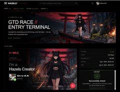 A cryptocurrency platform called 'GTD RACE' showing an 'ENTRY TERMINAL' featuring 'Hazols Creator' with anime-style character artwork.