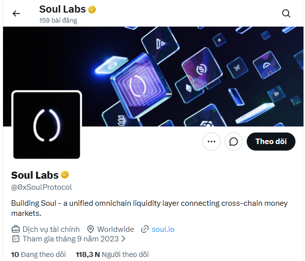 Twitter profile page for Soul Labs (@0xSoulProtocol) describing themselves as 'Building Soul - a unified omnichain liquidity layer connecting cross-chain money markets,' with 10 following, 118.3K followers, and joined September 2023.