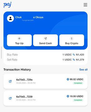 A mobile app interface for 'Paga' shows a user named Chuk e Okoye with options to Top Up, Send Cash, and Buy Crypto, displaying a buy rate of 1 USDC to ₦1,420 and sell rate of 1 USDC to ₦1,379, with transaction history showing completed USDC transfers.