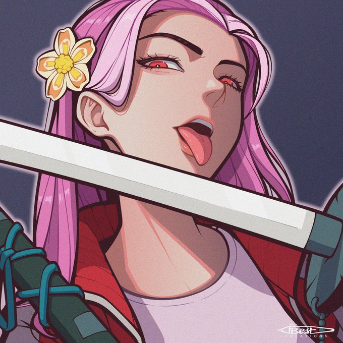 An anime-style digital illustration of a pink-haired female character with red eyes licking a blade, wearing a flower hair accessory and red jacket, signed 'ICECAT STUDIO'.