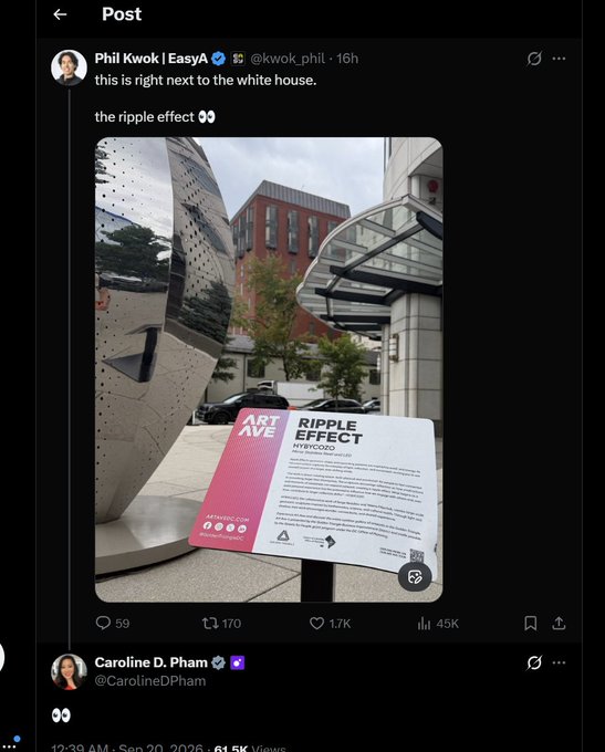 A screenshot of an X (formerly Twitter) post by Phil Kwok (@kwok_phil) showing a large mirrored sculpture labeled 'ART AVE RIPPLE EFFECT' in a public plaza, with the caption 'this is right next to the white house. the ripple effect 👀'.
