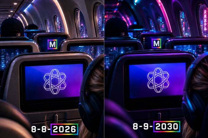 Two side-by-side images showing an airplane seatback screen displaying an atom/orbital logo, dated '8-8-2026' on the left and '8-9-2030' on the right, with a colorful 'M' logo overlay, suggesting an AI-generated future timeline.