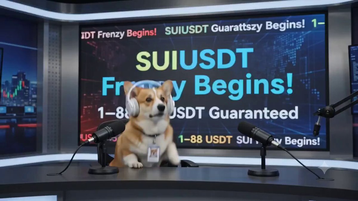 The image features a brown dog sitting at a microphone with headphones on its head, appearing to be participating in a podcast or radio show. The background of the image shows a TV screen displaying a message about a podcast called "SUIUSDT Futures Frenzy is LIVE! Register for the event and complete KYC Level 2 to claim a guaranteed reward of 1-88 USDT Futures Trial Fund". This suggests that the dog might be involved in promoting or discussing the podcast, possibly as an advertisement or guest.