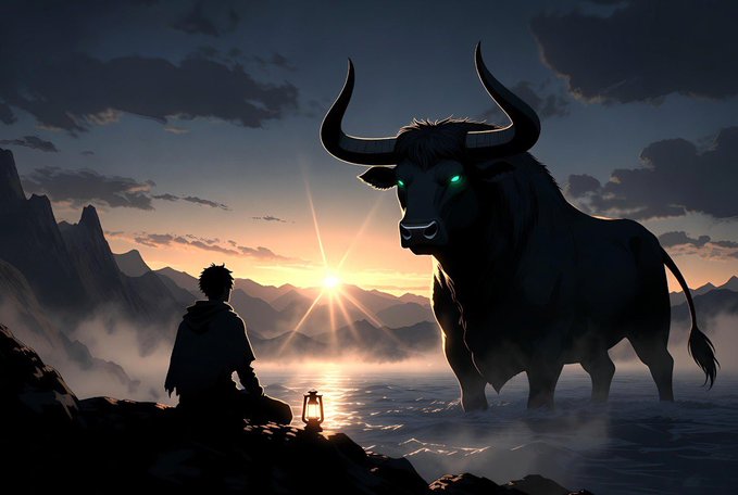 A dramatic digital artwork showing a person sitting by a lantern on a rocky shore, facing a massive bull-like creature with glowing green eyes and large horns emerging from the water at sunset.