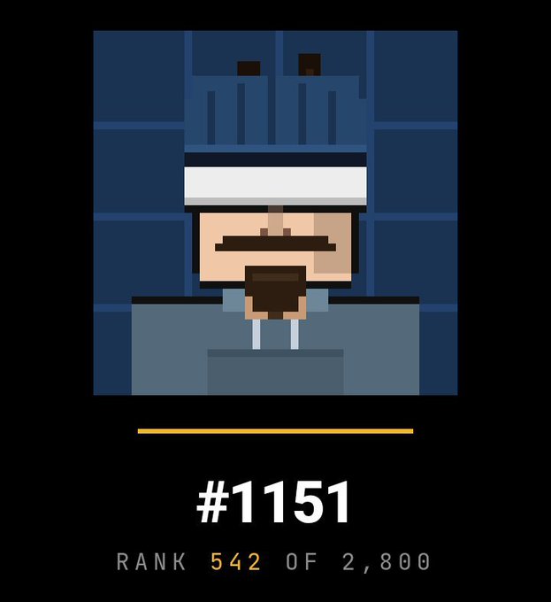 A pixel art style achievement card showing a blocky character with a mustache and hat, displaying '#1151' and 'RANK 542 OF 2,800' below.