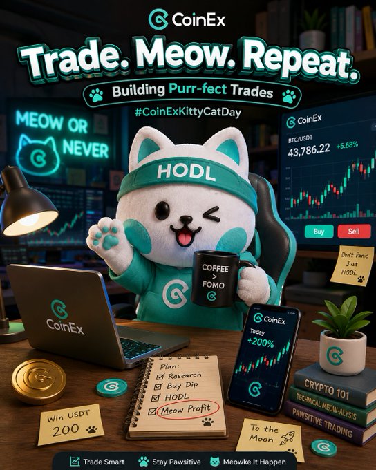 A promotional graphic for CoinEx with the text 'Trade. Meow. Repeat.' showing a cat mascot wearing a 'HODL' headband, sitting at a desk with a laptop, phone, and coffee.