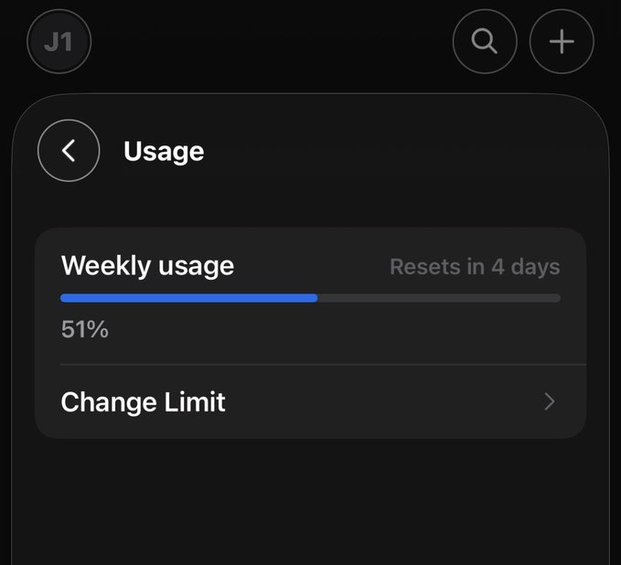 A dark-themed mobile app screen titled "Usage" showing a weekly usage progress bar at 51% with "Resets in 4 days" and a "Change Limit" option.