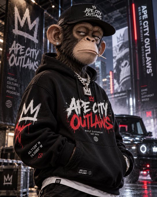 A stylized anthropomorphic monkey character wearing a black 'Ape City Outlaws' branded hoodie and cap stands in an urban street setting with city banners and a luxury vehicle in the background.