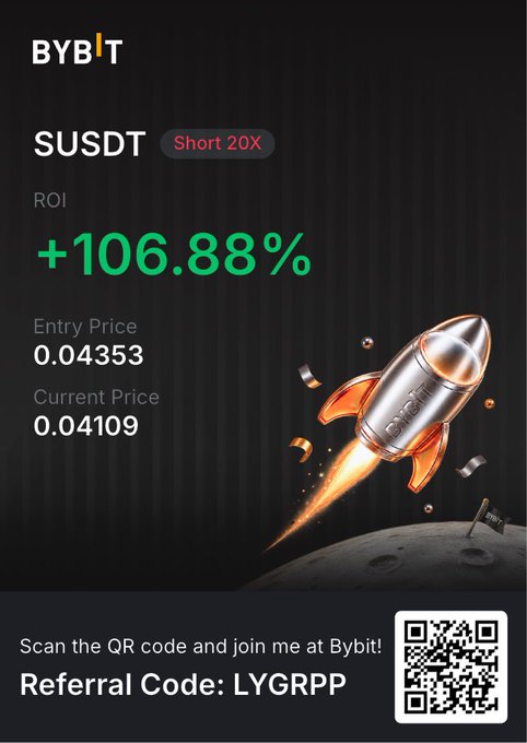A Bybit promotional image showing a SUSDT trade with 'Short 20X' label, ROI of '+106.88%', Entry Price of 0.04353 and Current Price of 0.04109, featuring a rocket graphic and a Referral Code 'LYGRPP'.
