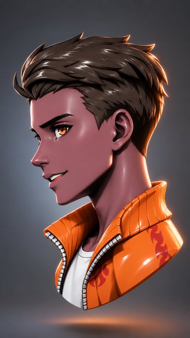 A 3D digital illustration of a young man with brown hair and orange eyes shown in profile, wearing an orange jacket with flame designs over a white shirt.