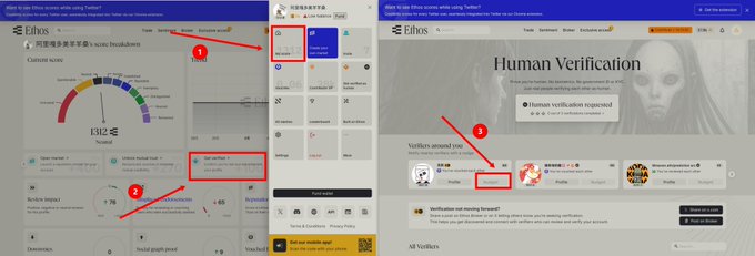 Two side-by-side screenshots of the Ethos website showing human verification services, with red arrows pointing to UI elements including a 'See verified' button (1), social features (2), and a profile button (3).