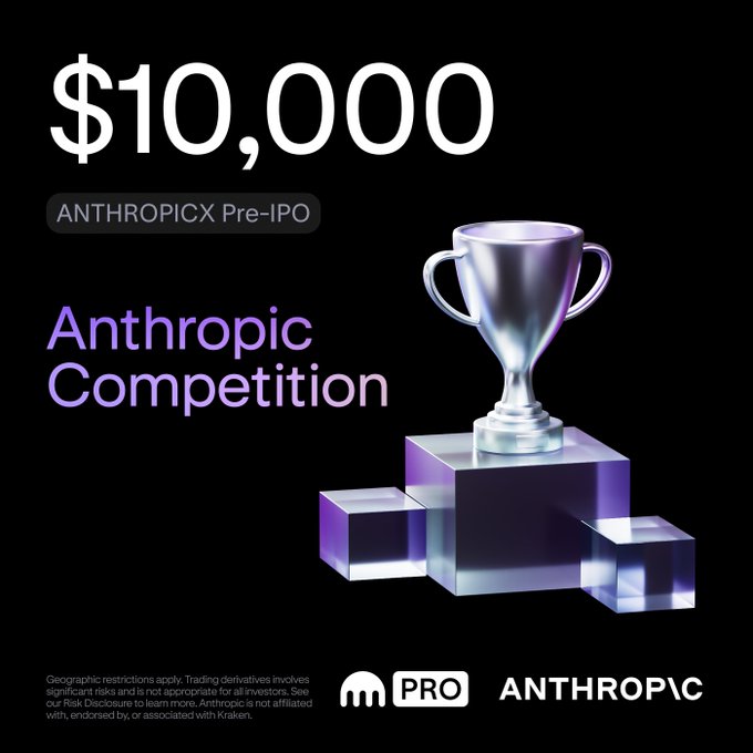 The image is a promotional graphic for a "$10,000 ANTHROPIC Pre-IPO" competition, featuring a silver trophy on a purple-lit podium with "Anthropic Competition" text and Kraken Pro branding. The accompanying post promotes the final stretch of the Anthropic Challenge on Kraken Pro, offering $5,000 USDG in prizes ranked by realised PnL %, with a leaderboard open until July 6 at proapp.kraken.com.