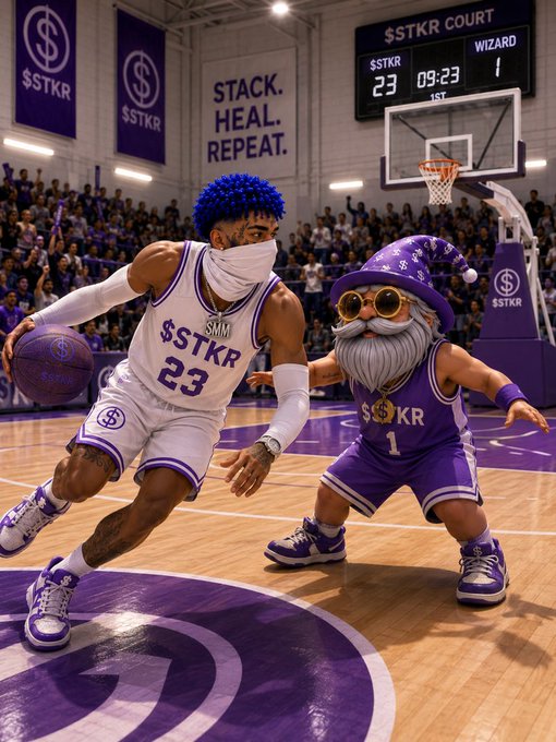 An AI-generated basketball scene featuring a player with blue hair in a '$STKR 23' jersey dribbling against a dwarf-like opponent in a purple wizard hat.
