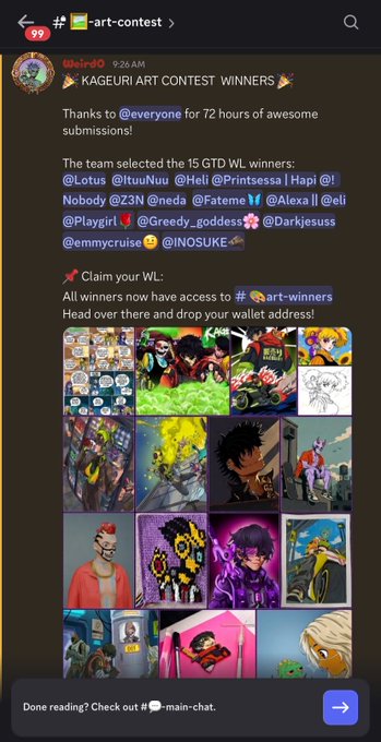 A Discord screenshot from #art-contest announces the 15 GTD winners of the KAGEURI ART CONTEST, with art submissions by participants including @Lotus, @1tuuNuu, @Heli, @Printssess, Hapi, @Nobody, @Z3N, @neda, @Fateme, @Alexa, @eli, @Playgirl, @Greedy_goddess, @Darkjesuss, @emmycruise, and @INOSUKE, alongside a grid of colorful artwork. The post celebrates winning the contest and thanks the Kageuri team, supporters, @crypto_czar_eth, and @ModeXeth, fitting with the announcement of winners.