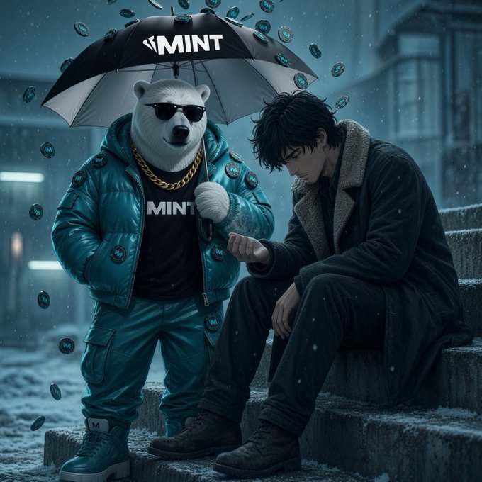 A digital artwork shows a white bear wearing sunglasses and a teal tracksuit with "MINT" branding, holding a "MINT" umbrella over a dark-haired young man sitting on snowy steps.