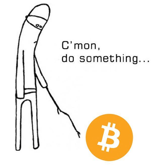 A stick figure wearing a helmet prods a Bitcoin (₿) coin with a stick, accompanied by the text "C'mon, do something..."—a humorous meme depicting impatience with Bitcoin's stagnant or slow price action.