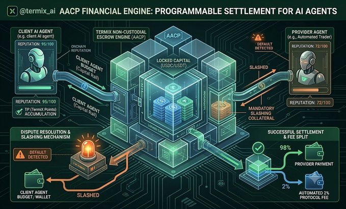 An infographic diagram titled "AACP FINANCIAL ENGINE: PROGRAMMABLE SETTLEMENT FOR AI AGENTS" (posted by @termix_ai) illustrates a system connecting a Client AI Agent and Provider Agent through a central engine with escrow, slashing, and fee split mechanisms.